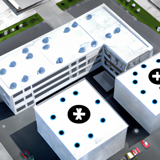 מבט אווירי של בית חולים עם מיקומי מצלמות אבטחה מסומנים